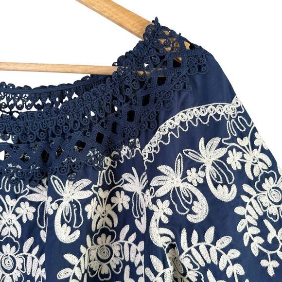 John Mark Embroidered Lace Combo Babydoll Ruffle Blouse Navy Multi Boho Print, S - Picture 4 of 9